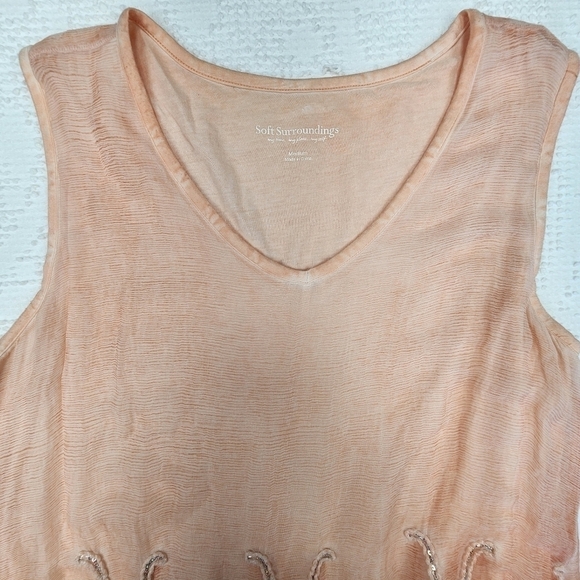 Soft Surroundings Silk Embroidered Sequin Peach Top Size Medium - Picture 3 of 8